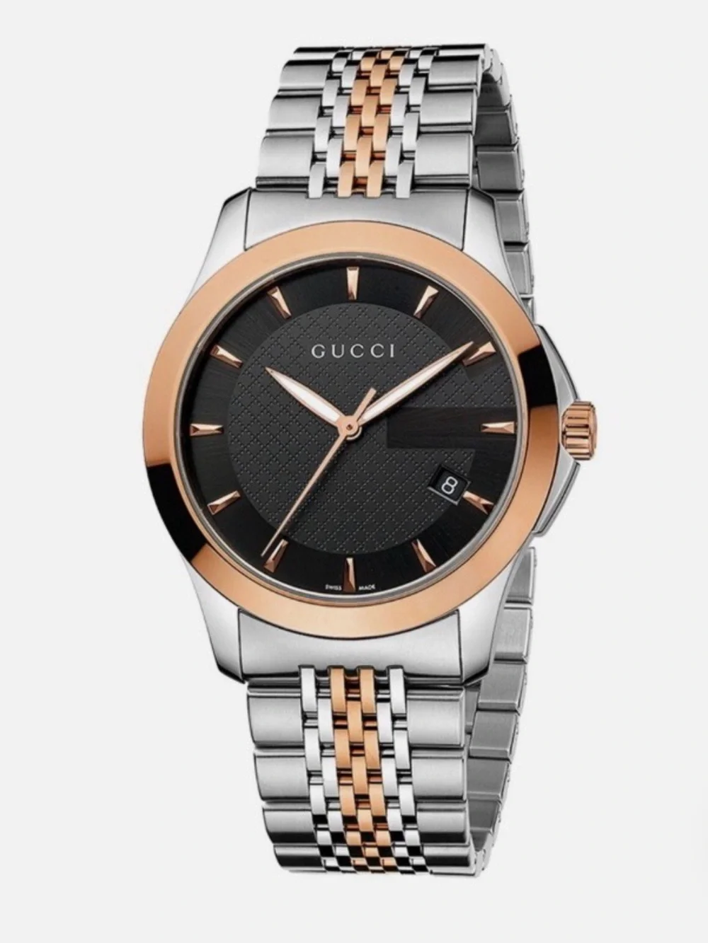 Gucci G TIME Two-Tone Silver and Rose Gold Watch with Black Dial unisex
